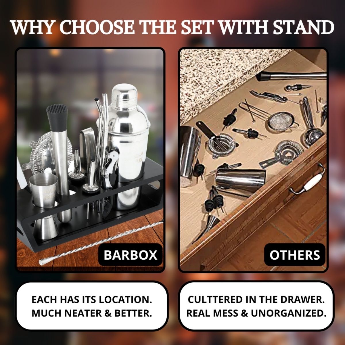 Bar Box 14-Piece Bar Tool Set Stylish Bamboo Stand Home Bartending Kit (Black - Silver)