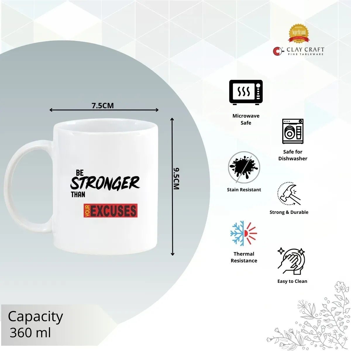 Clay Craft Fine Ceramic Swiss Rez27 Microwave Safe Coffee Mug With Be Stronger Quote | 360 ml