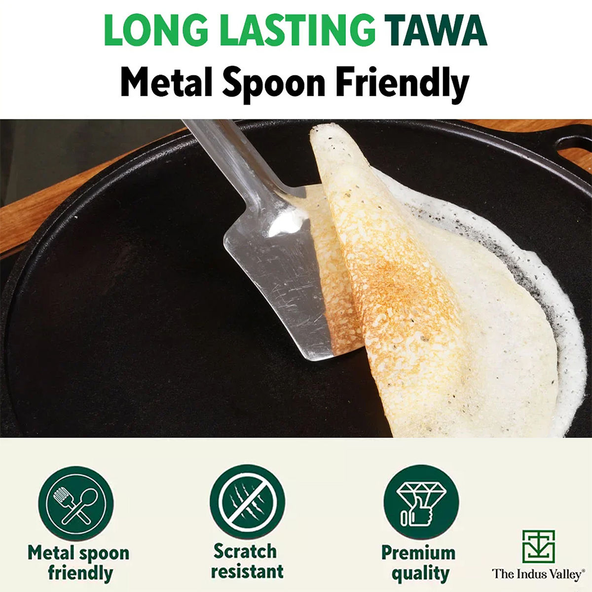 The Indus Valley Smooth Cast Iron Tawa for Dosa/Chapathi + Free Spatula | 30.5cm/12 inch, 3kg