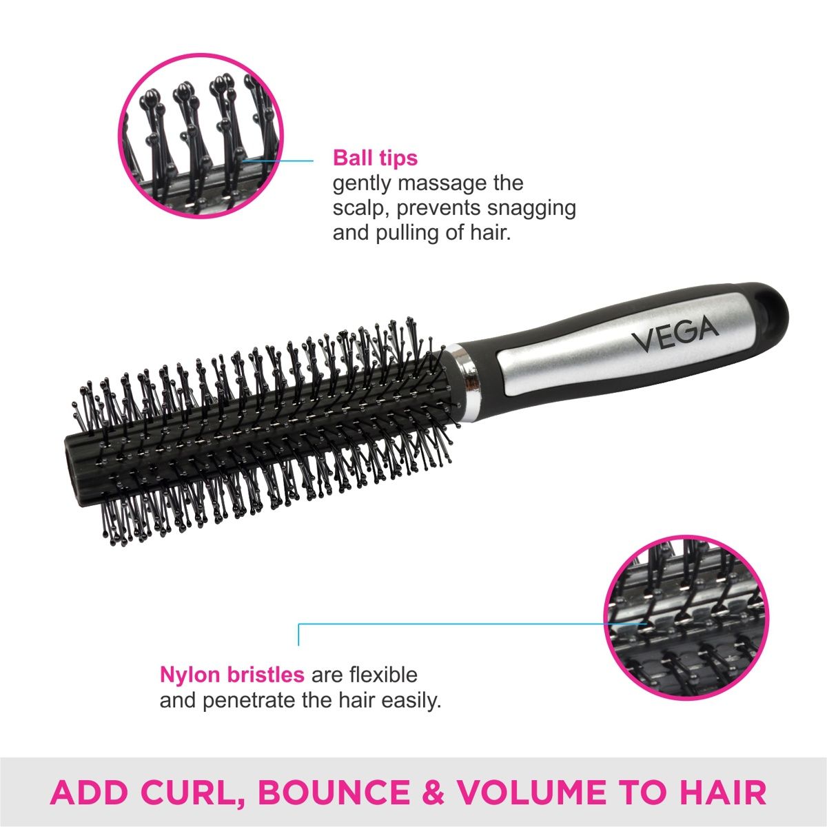 VEGA Round Hair Brush for Adding Curls| Volume and Waves in Hair |E14-RB