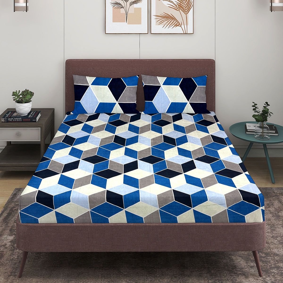 Romee Blue 3D Print Cotton Double Bedsheet with 2 Pillow Covers