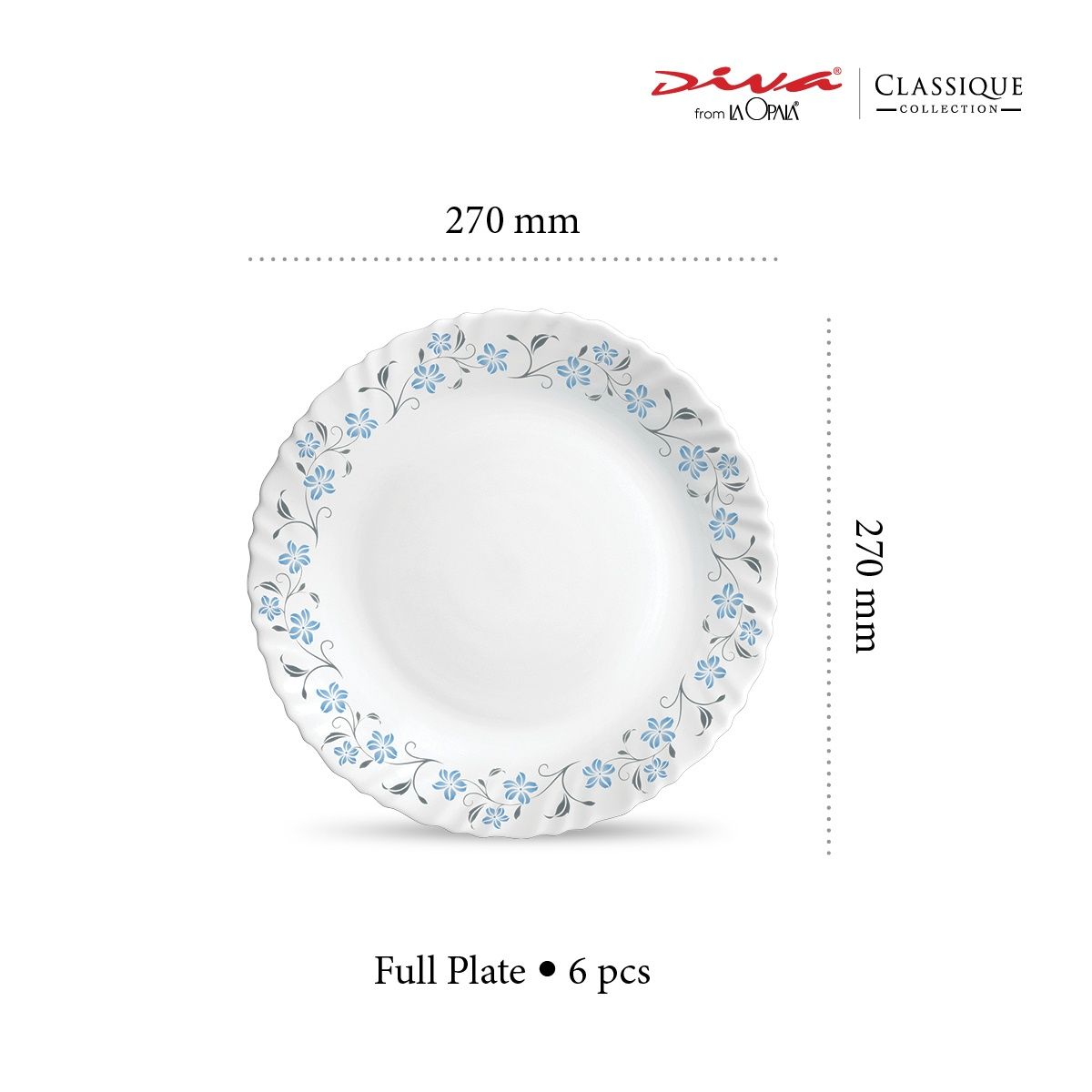 La Opala Diva Classique Dinner Plate | Opal Glass Full Plate for Dining | Set of 6 - Grace Blue