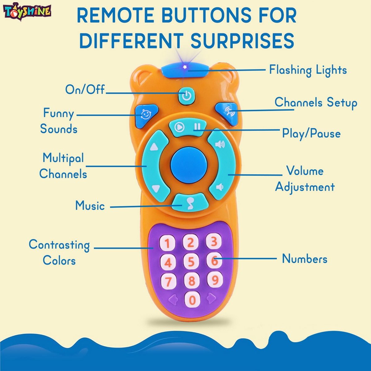 Toyshine Battery Operated TV Remote | Inbuilt Functions-Musical Melodies-Number Learning | Orange
