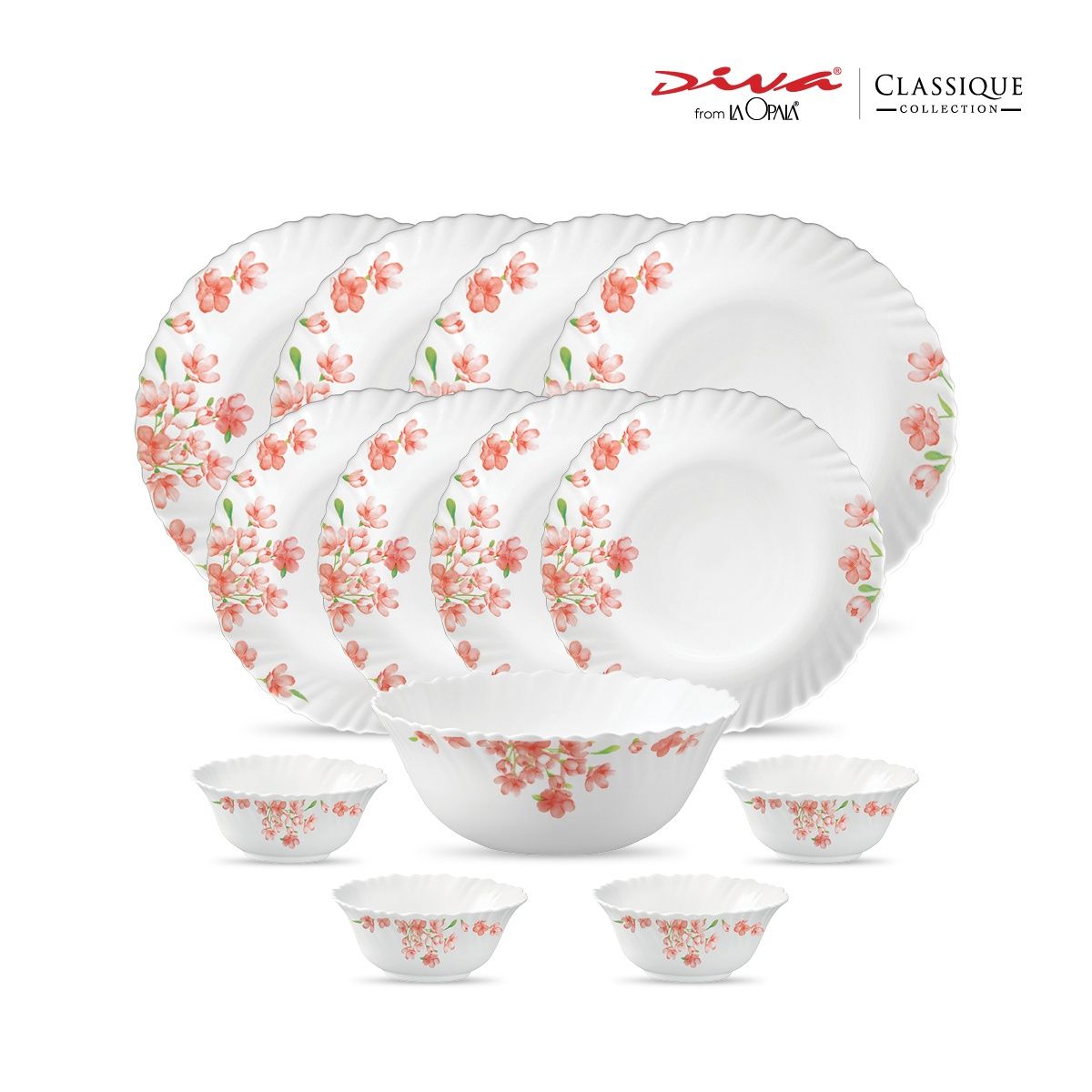 La Opala Diva Classique Dinner Set | Opal Glass Crockery for Dining | 13 Pcs - Aster Pink