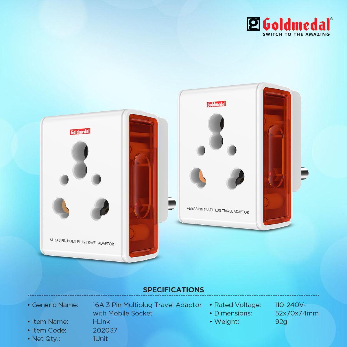 Goldmedal I-Link 16A 3 Pin Multi Plug Travel Adaptor