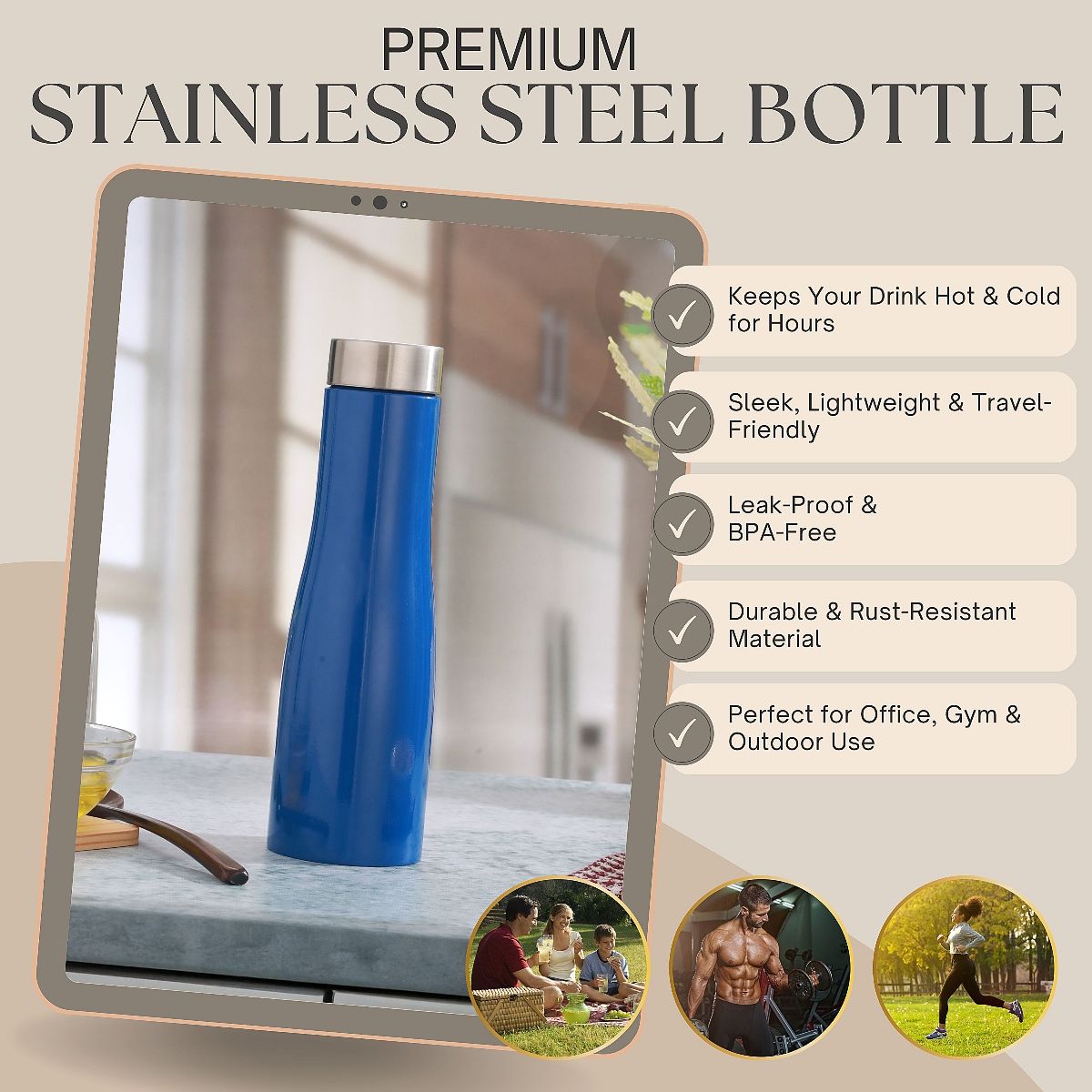 Jensons Stainless Steel Single Wall Flora 1 Bottle Liter | Blue - 1 L