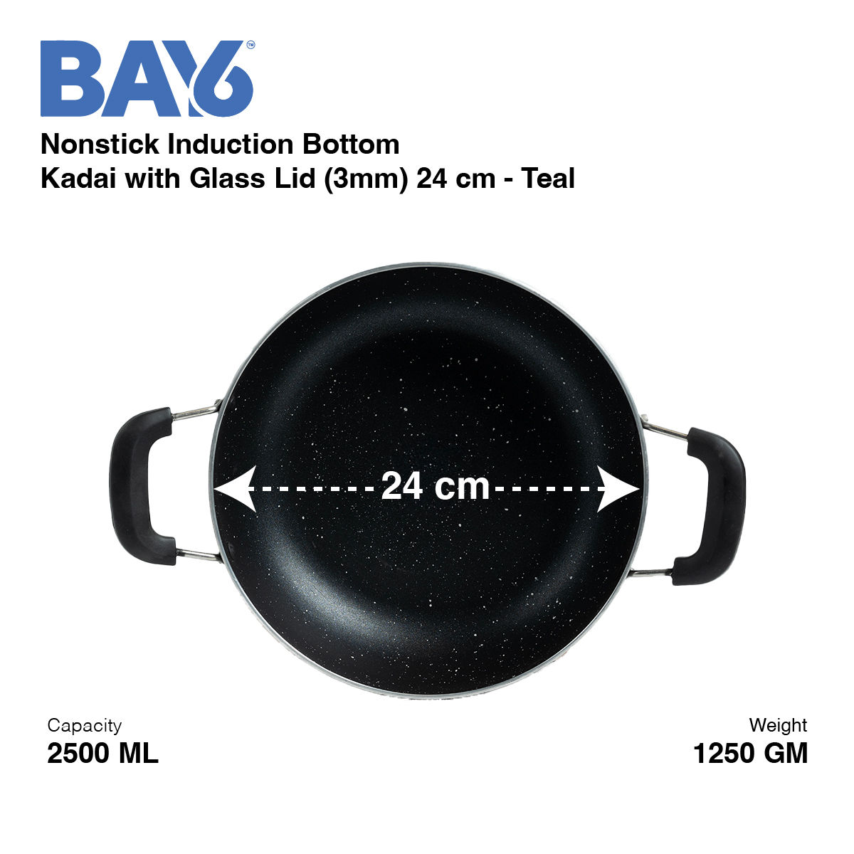 BAY6 Nonstick Induction Bottom Kadai with Glass Lid (3mm) 24 cm - Teal