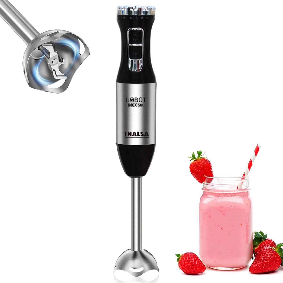 INALSA Electric Hand Blender RobotInox 500W Powerful DC Motor,Ultra Sharp SS Blade & Detachable Stem