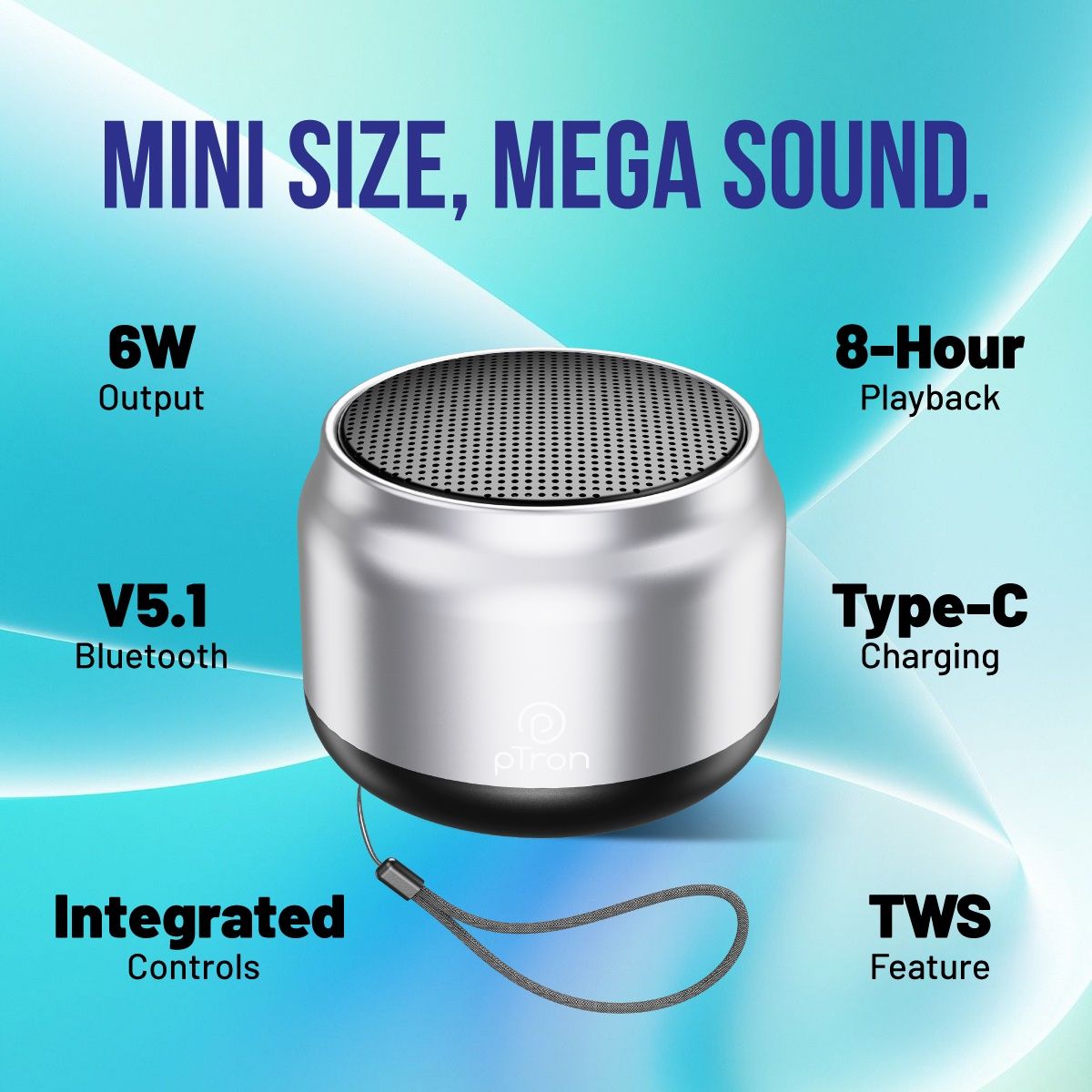 pTron Funk Mini 6W Bluetooth Speaker With 8hrs Playtime| Pristine Sound - Silver