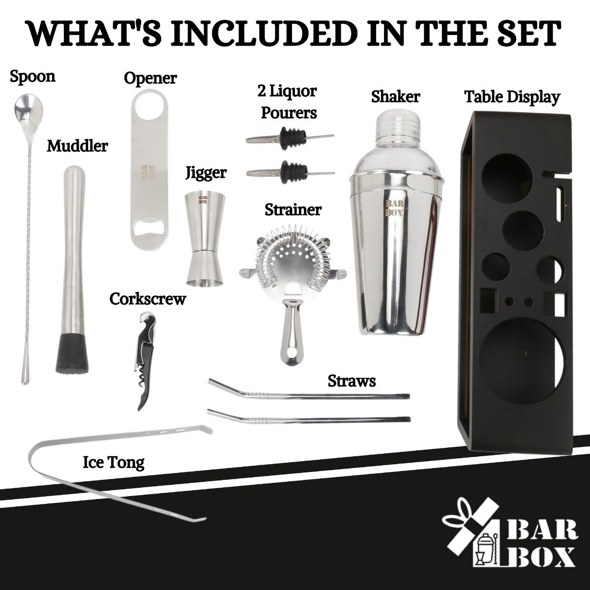 Bar Box 14-Piece Bar Tool Set Stylish Bamboo Stand Home Bartending Kit (Black - Silver)