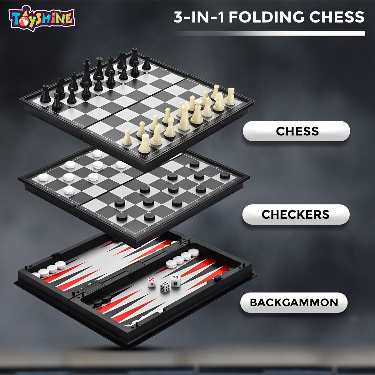 Toyshine Magnetic 3-in-1 Folding Chess-Checkers | Educational Portable Travel Game | 25 cm