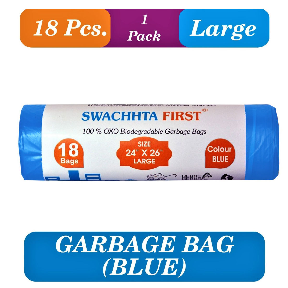 Swachhta First Oxo Bio Degradable Garbage Bags - Blue Large | 24 x 26 inch 18 pc Combo