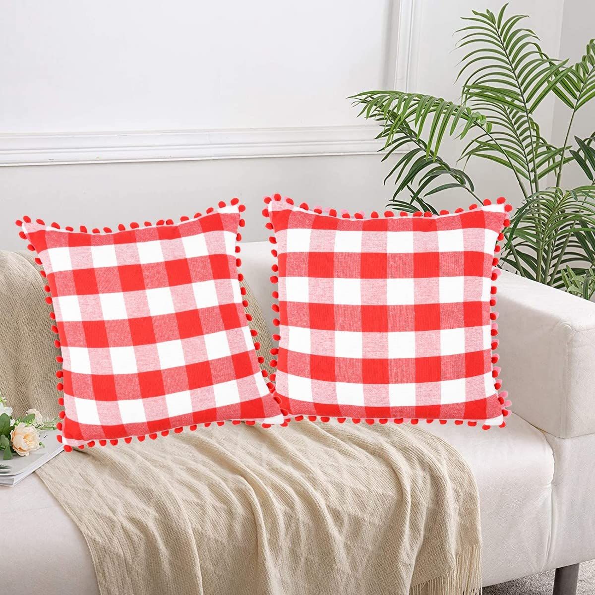 Lushomes Cotton Cushion Covers - Red White Checks | Pom Pom | 24 x 24 inch