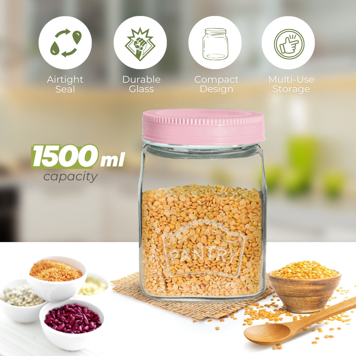 Yera Pantry Storage Jars With Premium Airlitght Lids 1500 ml 1 pcs Jar - With Pink Colored Lids