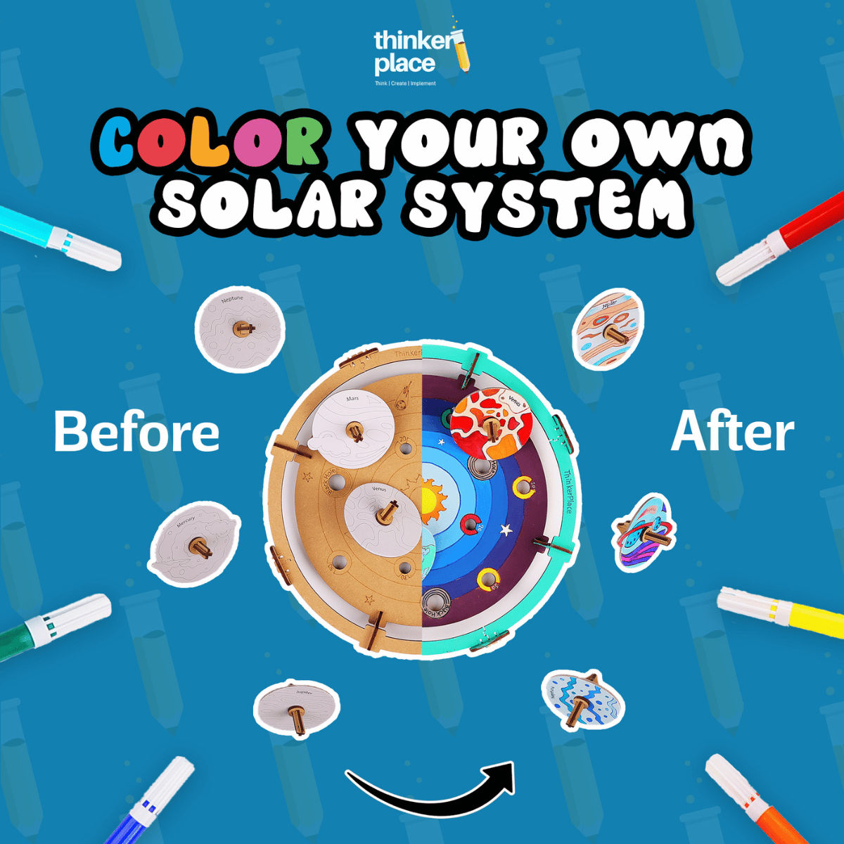ThinkerPlace DIY Solar Wars Spin Tops | Build, Color & Play with Solar System Spin Tops (Age 3+)