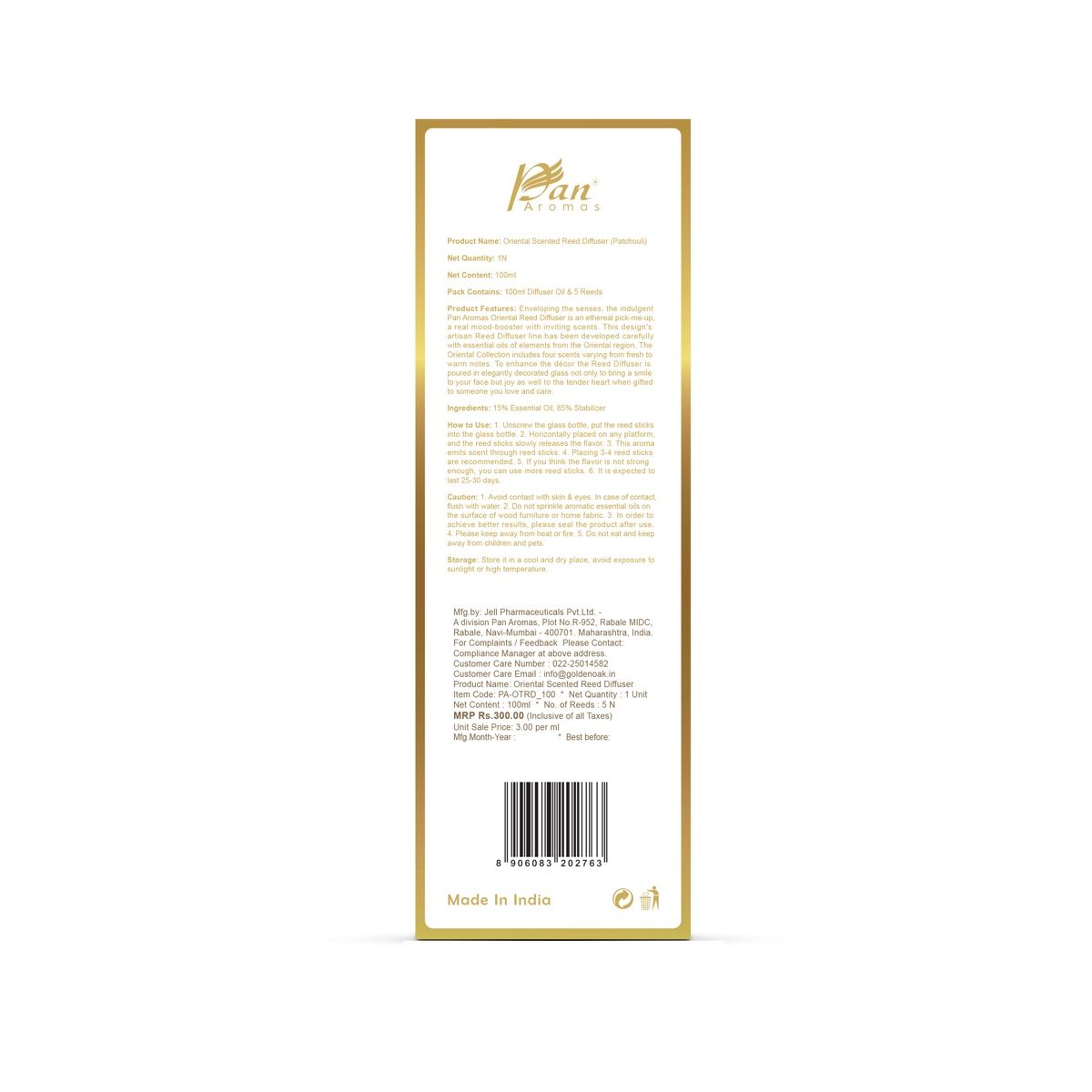 Pan Aromas Oriental Scented Reed Diffuser - Patchouli