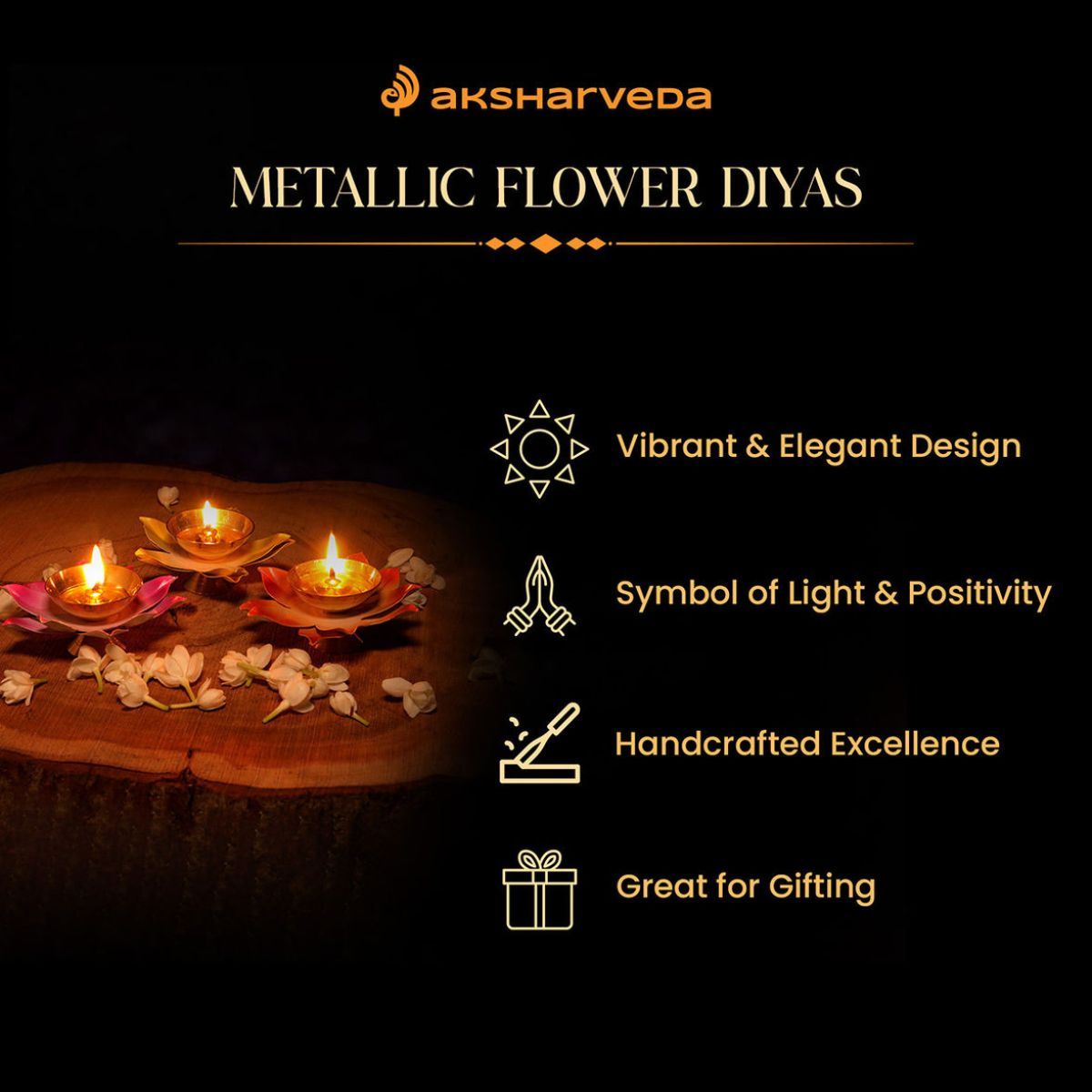 Aksharveda Metallic Flower Diyas