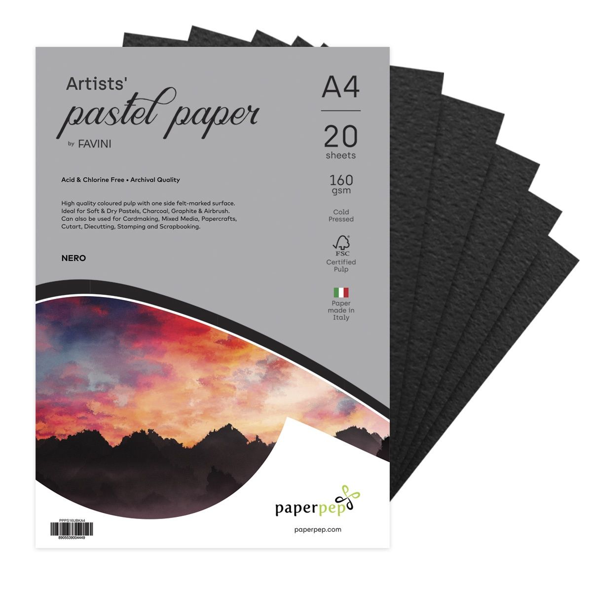 Paperpep Artists Pastel Papers 160Gsm A4 Nero - Black - Unicolor Pack Of 20 Sheets