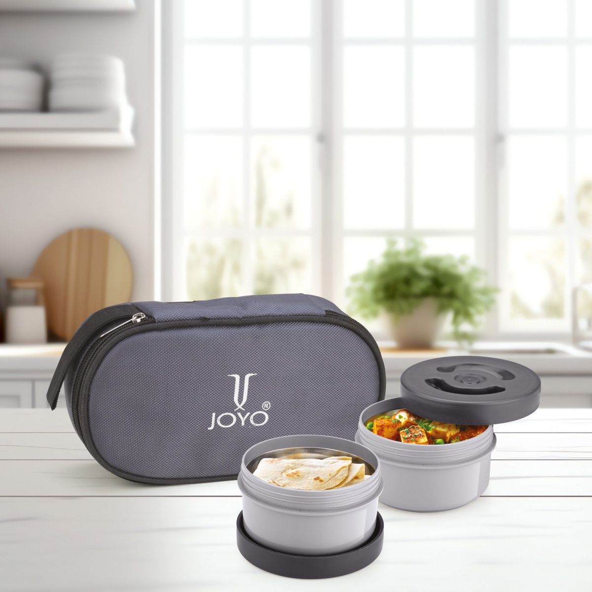 Joyo Premier Lunch Box With Zipper Pouch, Set Of 2, 375 Ml Each, Grey | Leak Proof | Food Grade