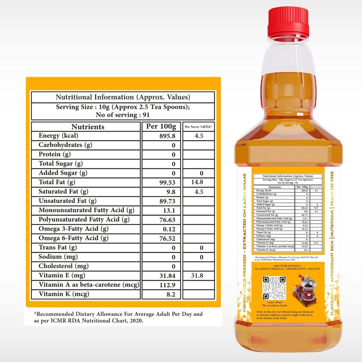 Indic Wisdom Wood Pressed Safflower Oil | Cold Pressed - Extracted on Wooden Churner