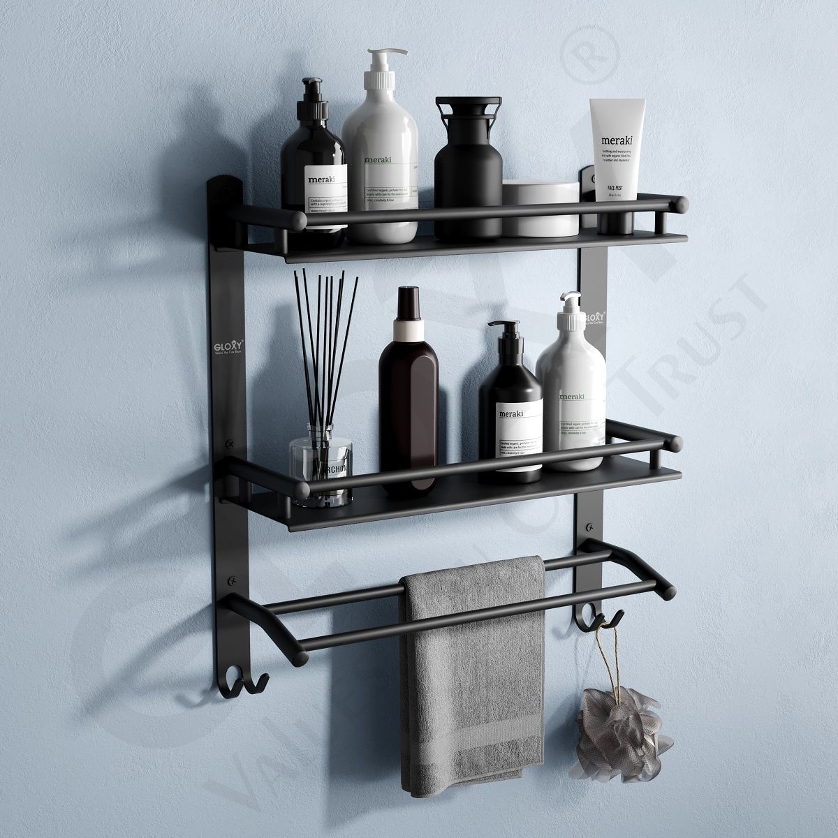 Gloxy Black Stainless Steel 2 Layer Shelf with Towel Rod for Shelf or Bathroom 15 x 5 x 18 inch