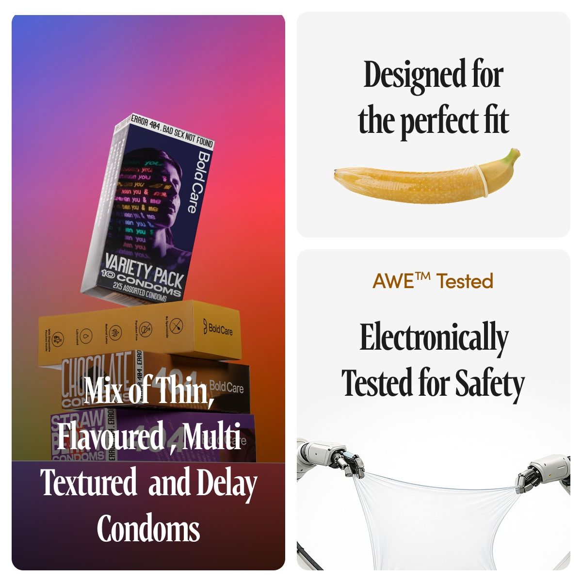 Bold Care Extend Delay Spray With Lidocaine 10% (20g) & Bold Care 404 By Variety Pack Condoms - Ultra Thin, Multi-Textured, Nano Thin, Chocolate Flavour, & Strawberry Flavoured Condoms (10pc) Combo