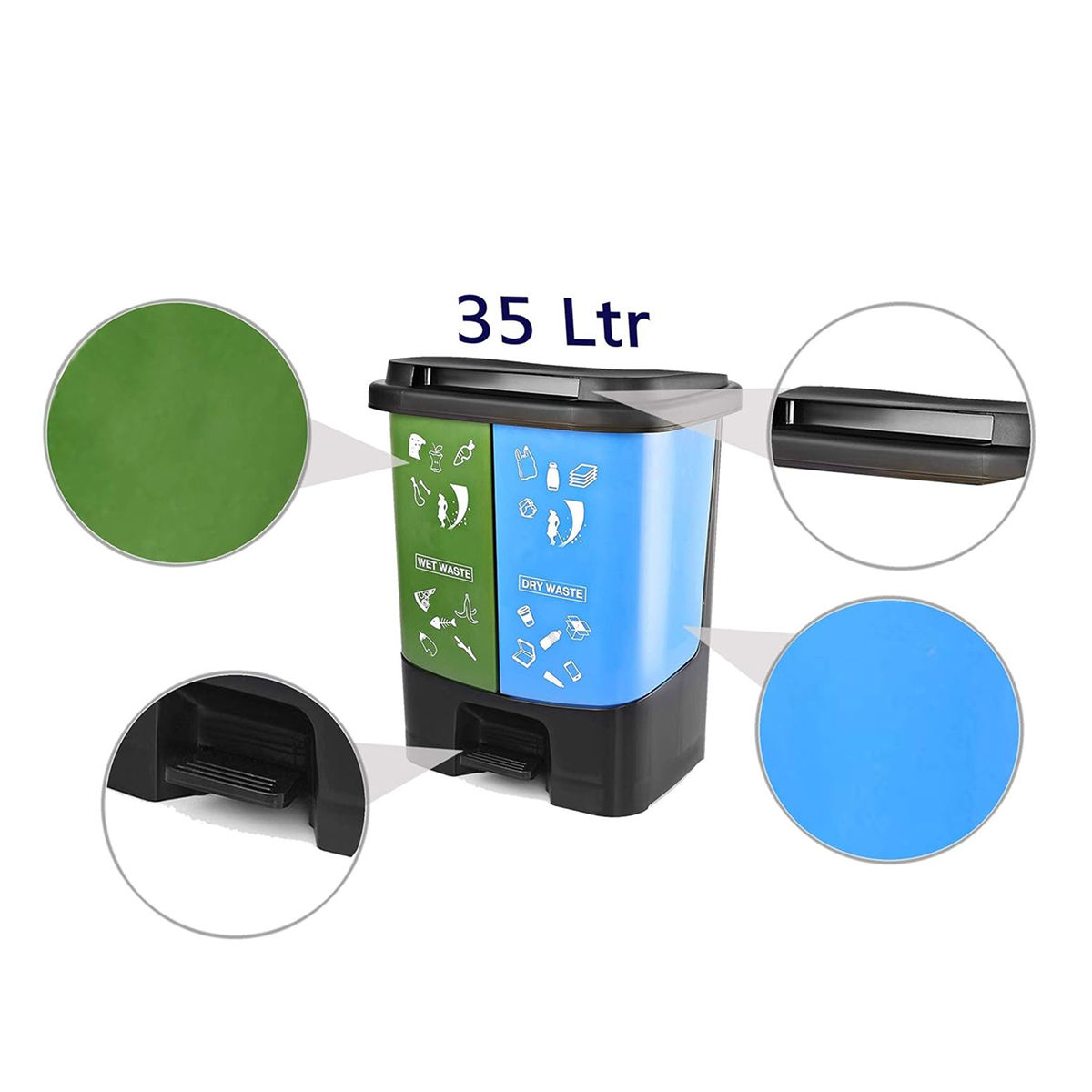 Cello Duo Plastic Step-On Pedal Dustbin for Wet and Dry Waste| | 35 Liters, Green and Blue