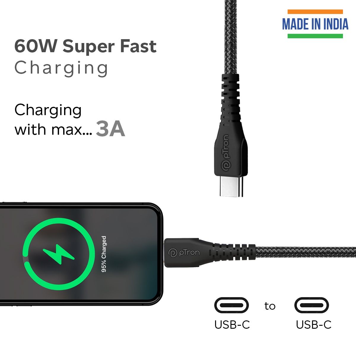 pTron Solero Braid 60W Cable Type C to Type C Fast Charging | 1m For Samsung, OnePlus, Oppo, Xiaomi - Black
