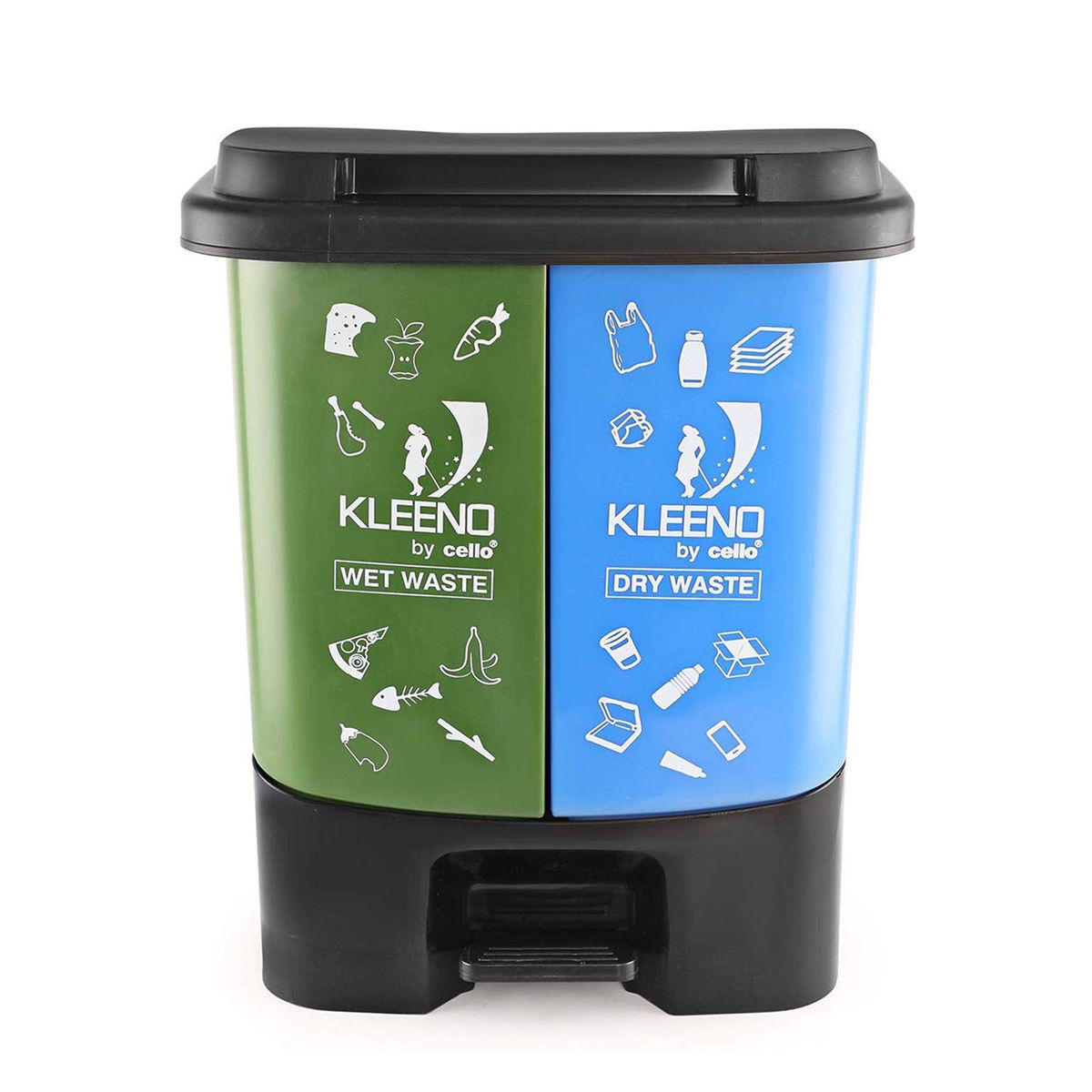 Cello Duo Plastic Step-On Pedal Dustbin for Wet and Dry Waste| | 35 Liters, Green and Blue