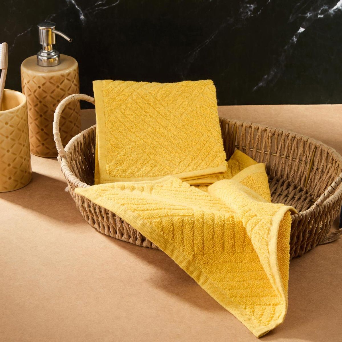 Fabindia Yellow Cotton Woven Face Towel | Set Of 2