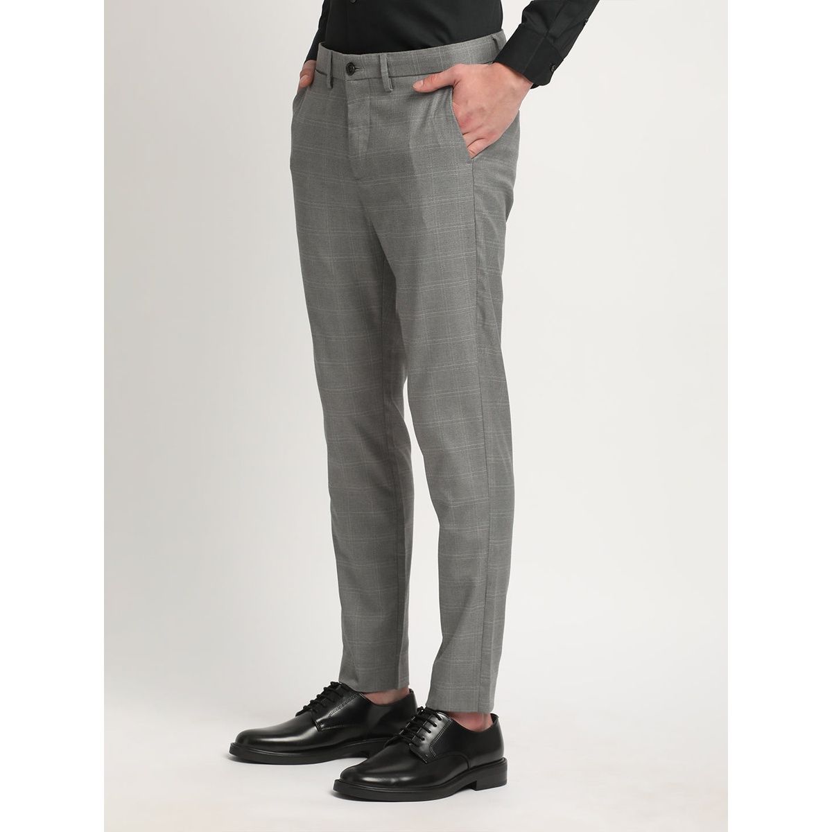 The Bear House Men Slim Fit Checked Polyester Blend Formal Trouser - Caneel | Grey | 30