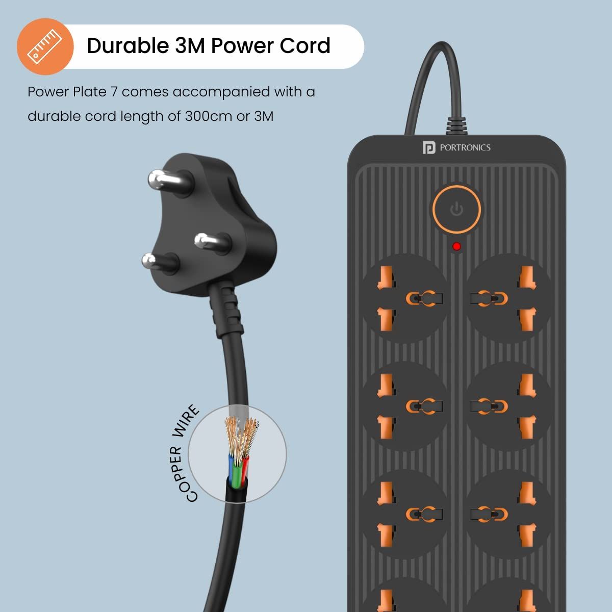 Portronics Power Plate Extension Board - Over Voltage Protection | 8 Sockets | 3 Mtr