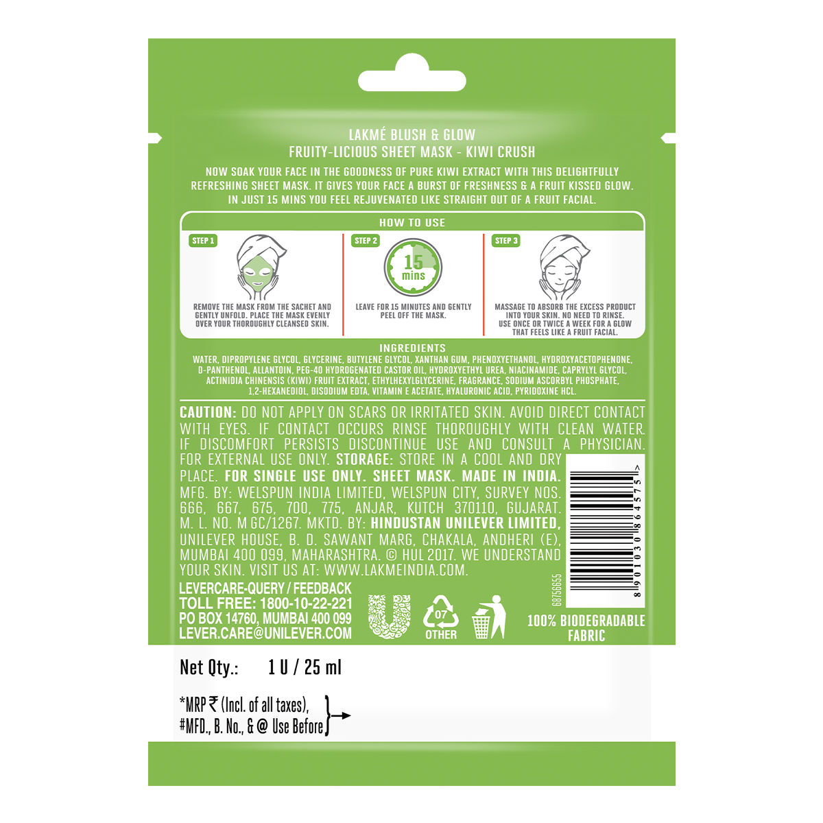 Lakme Blush & Glow Kiwi Sheet Mask(20ml), Lakme Blush & Glow Watermelon Sheet Mask(20ml) & Lakme Blush & Glow Strawberry Sheet Mask(25ml) Combo