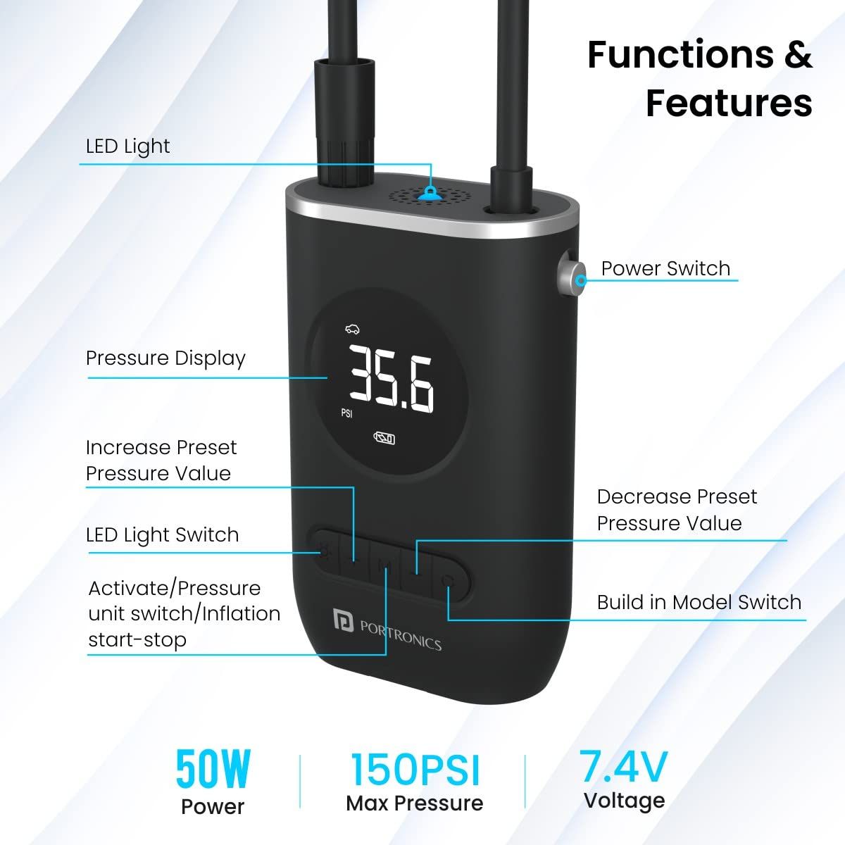 Portronics Tyre Inflator - Digital Display | 4000 Mah