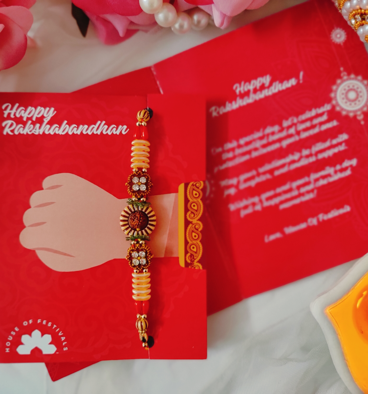 House Of Festivals Rudraksh Sun Design Rakhi with Sparkling Stones - Divine and Shiny