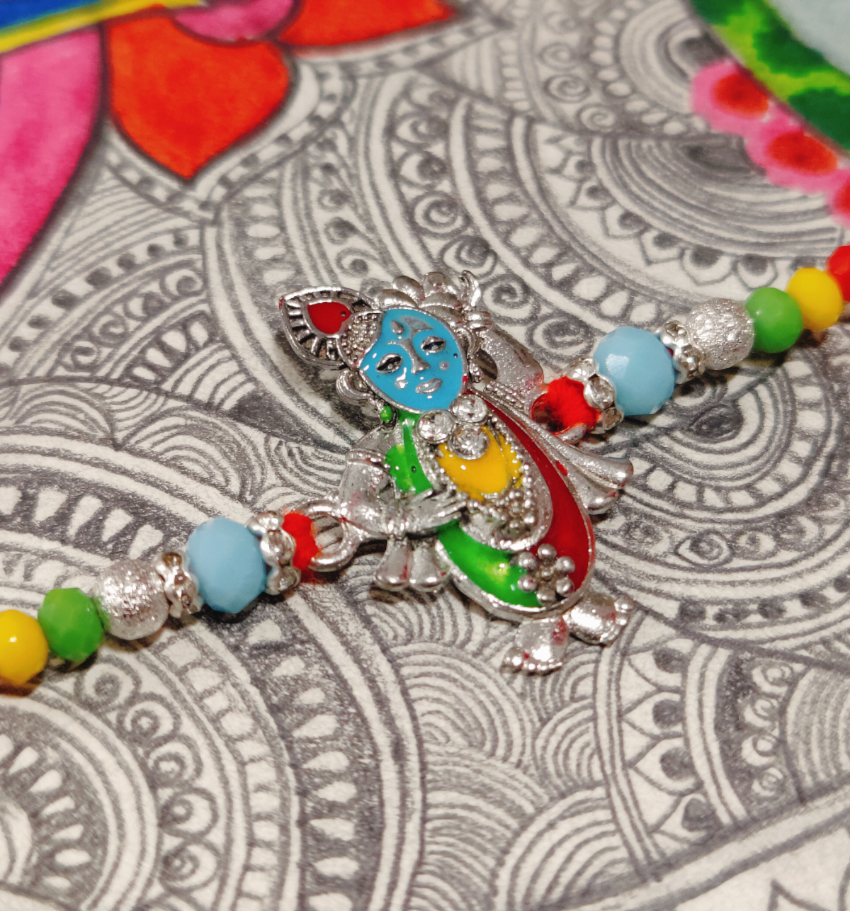 House Of Festivals Krishna Silver Pendant Rakhi With Colorful Moti