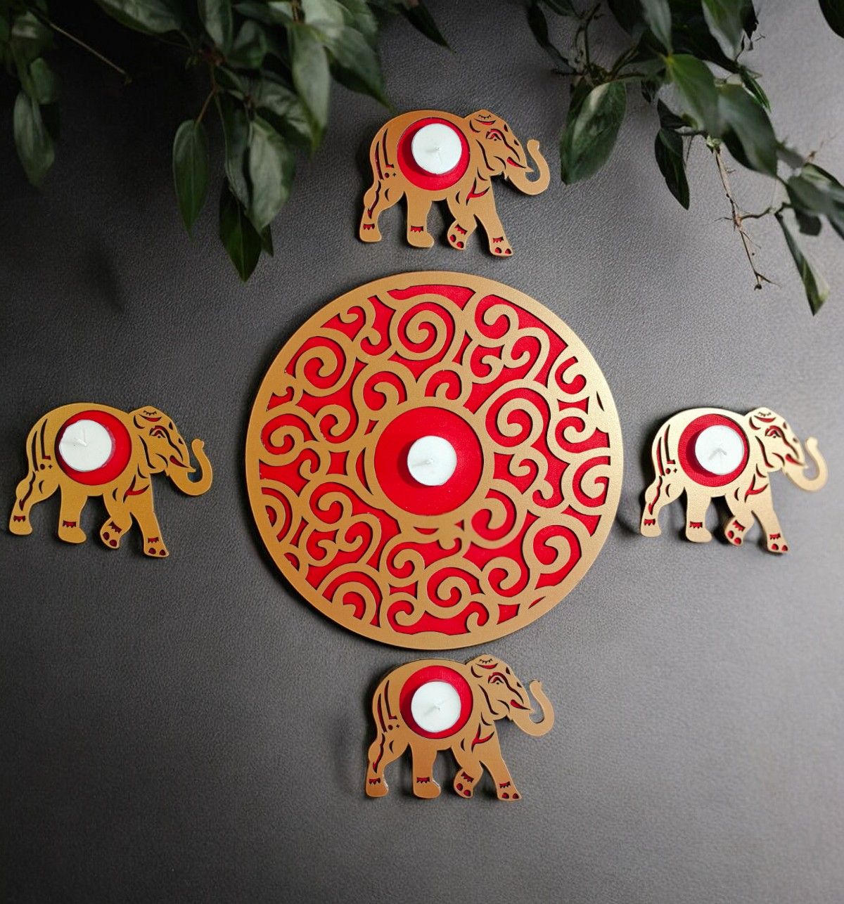 House Of Festivals MDF Elephant Rangoli - Red | 15 inch