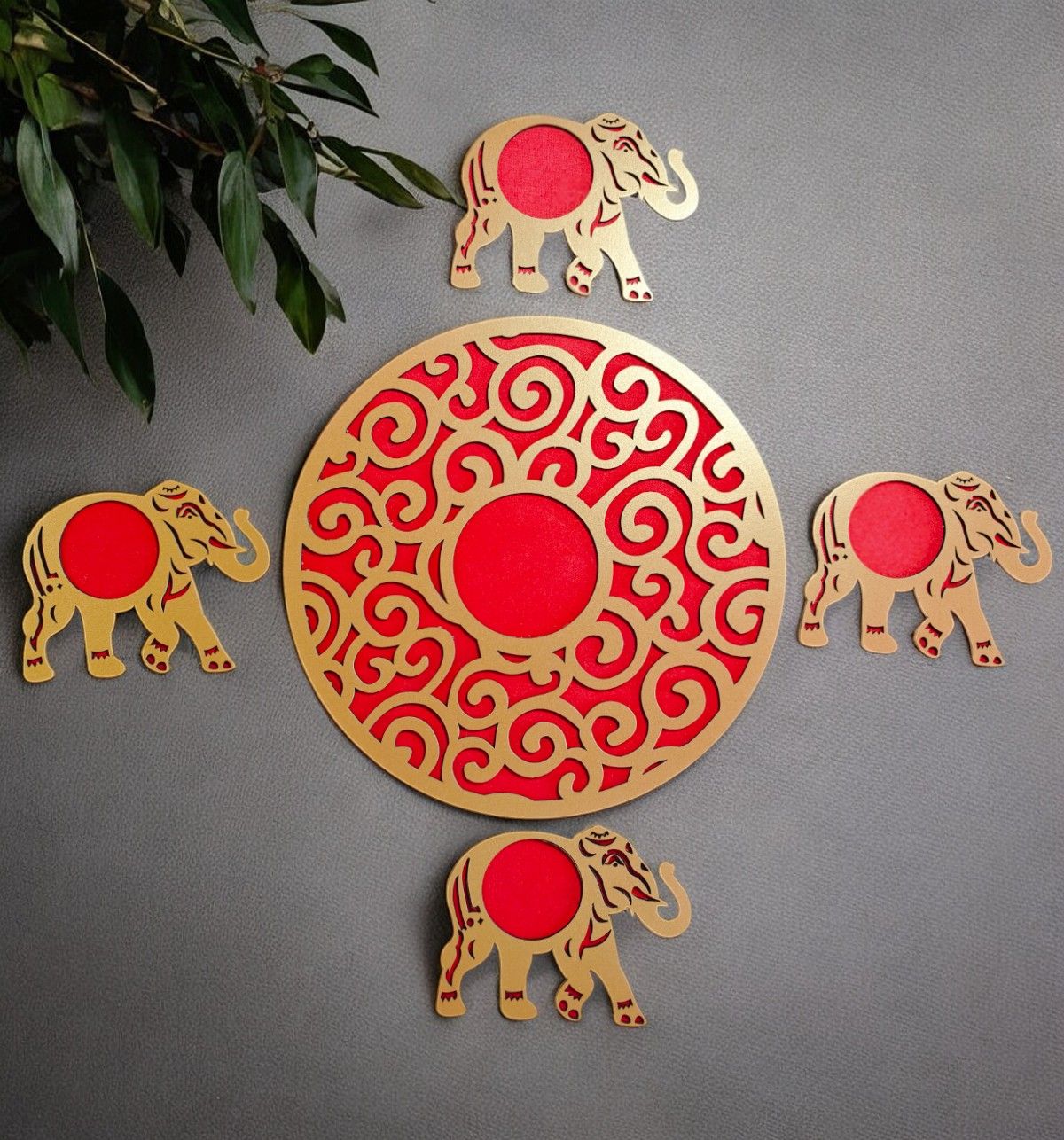 House Of Festivals MDF Elephant Rangoli - Red | 15 inch