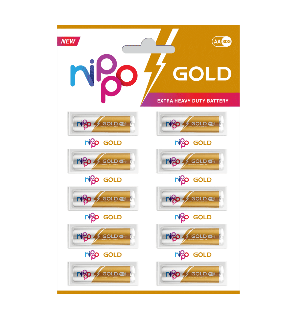 Nippo 3DG Gold AA Battery | 1.5 V | Leakproof | For Toys, Remotes, Clocks, Wireless Mouse - Pack of 10