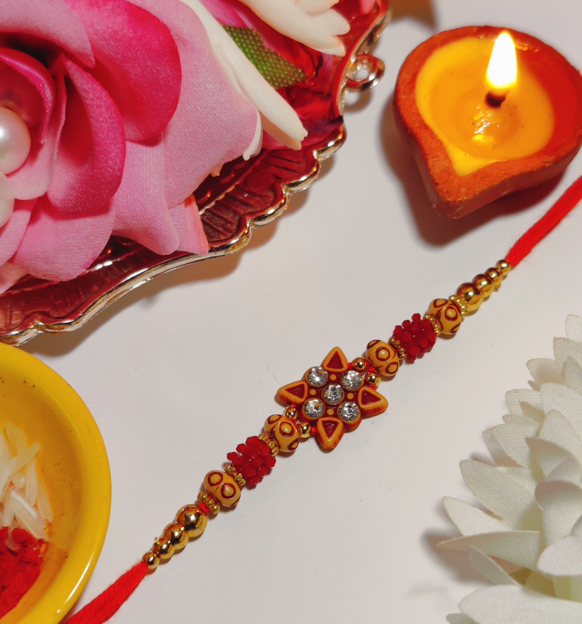 House Of Festivals Flower Sparkling Stones Mauli Rakhi - Elegant and Festive
