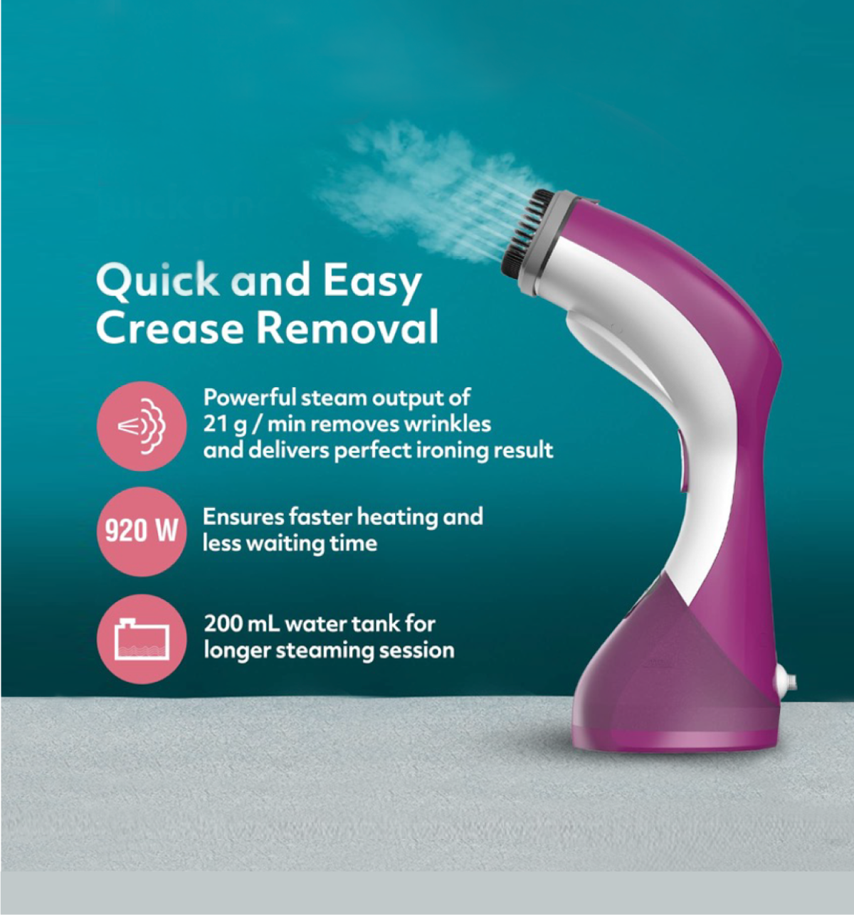 Usha Garment Steamer Techne 1000 (920W, Continious Steam Output Up To 21G/Min, 200Ml Tank, Purple)