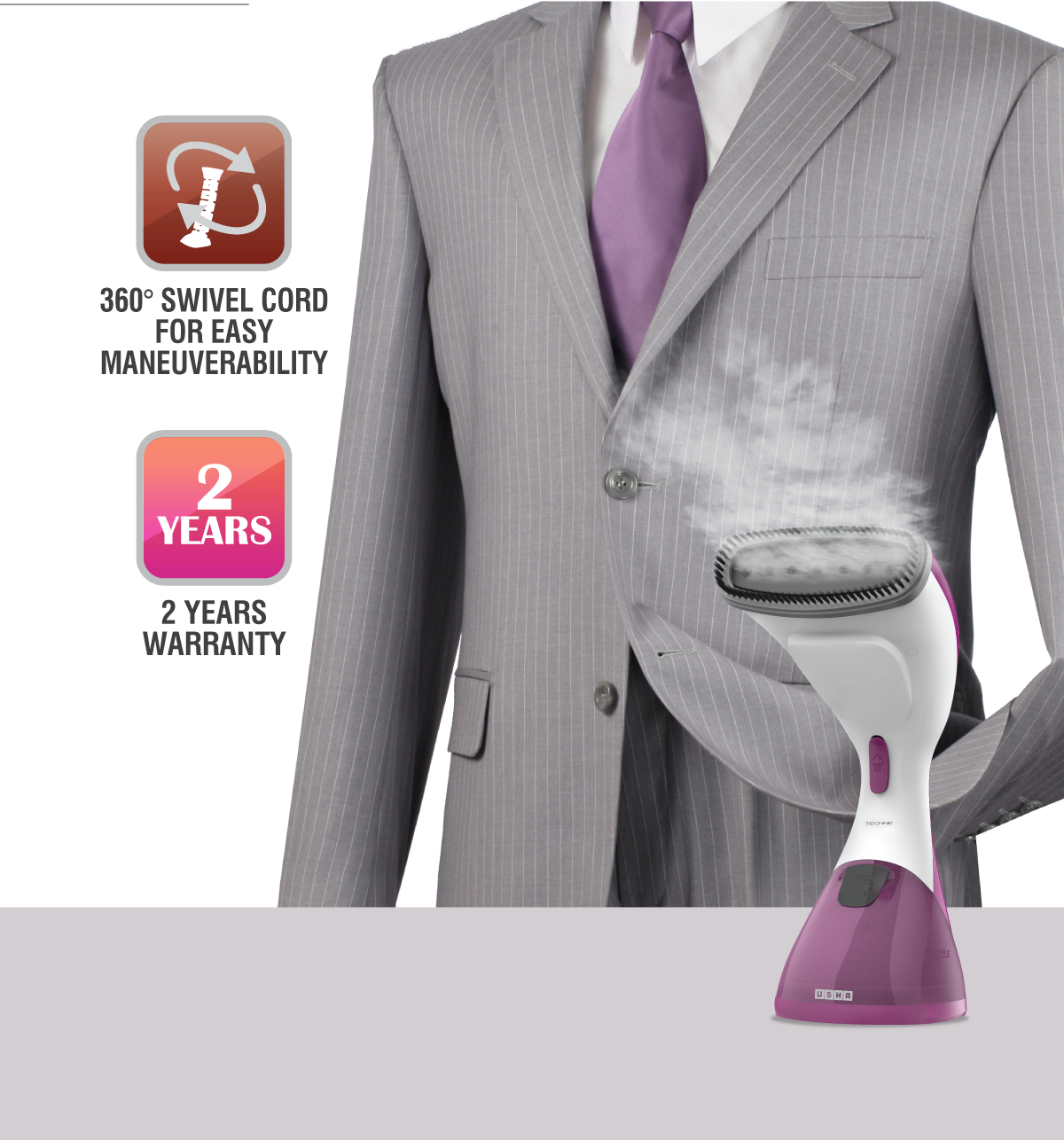 Usha Garment Steamer Techne 1000 (920W, Continious Steam Output Up To 21G/Min, 200Ml Tank, Purple)