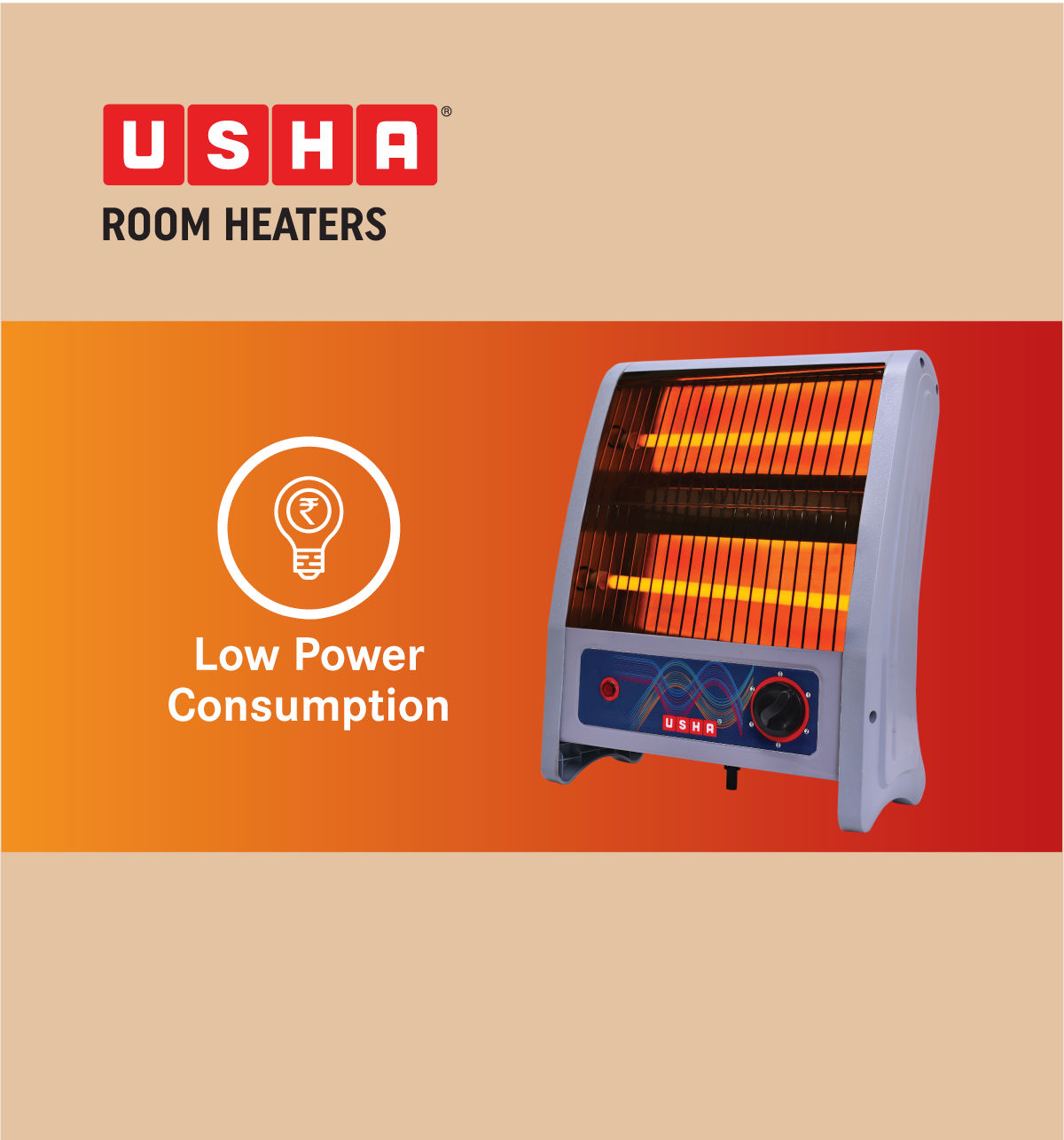 Usha Quartz Room Heater (800W, Dual Quartz Tube Heating Element, Sleek Design, 4302, Multi-Color)