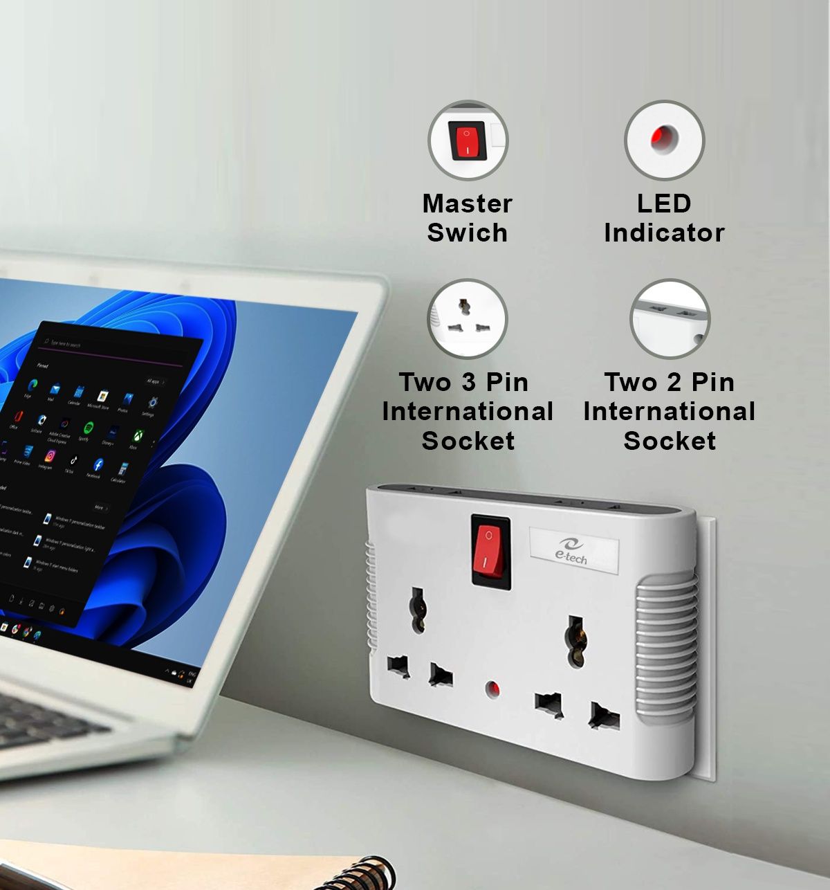 Etech Convio 4 Way Multi Plug With Two 3 Pin International Socket | 2 Pin Socket - Master Switch |