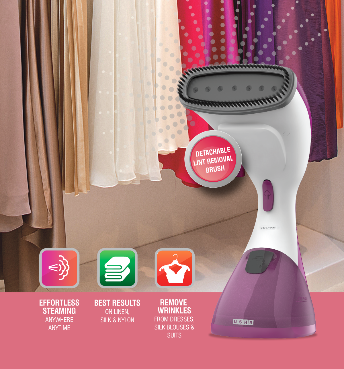 Usha Garment Steamer Techne 1000 (920W, Continious Steam Output Up To 21G/Min, 200Ml Tank, Purple)