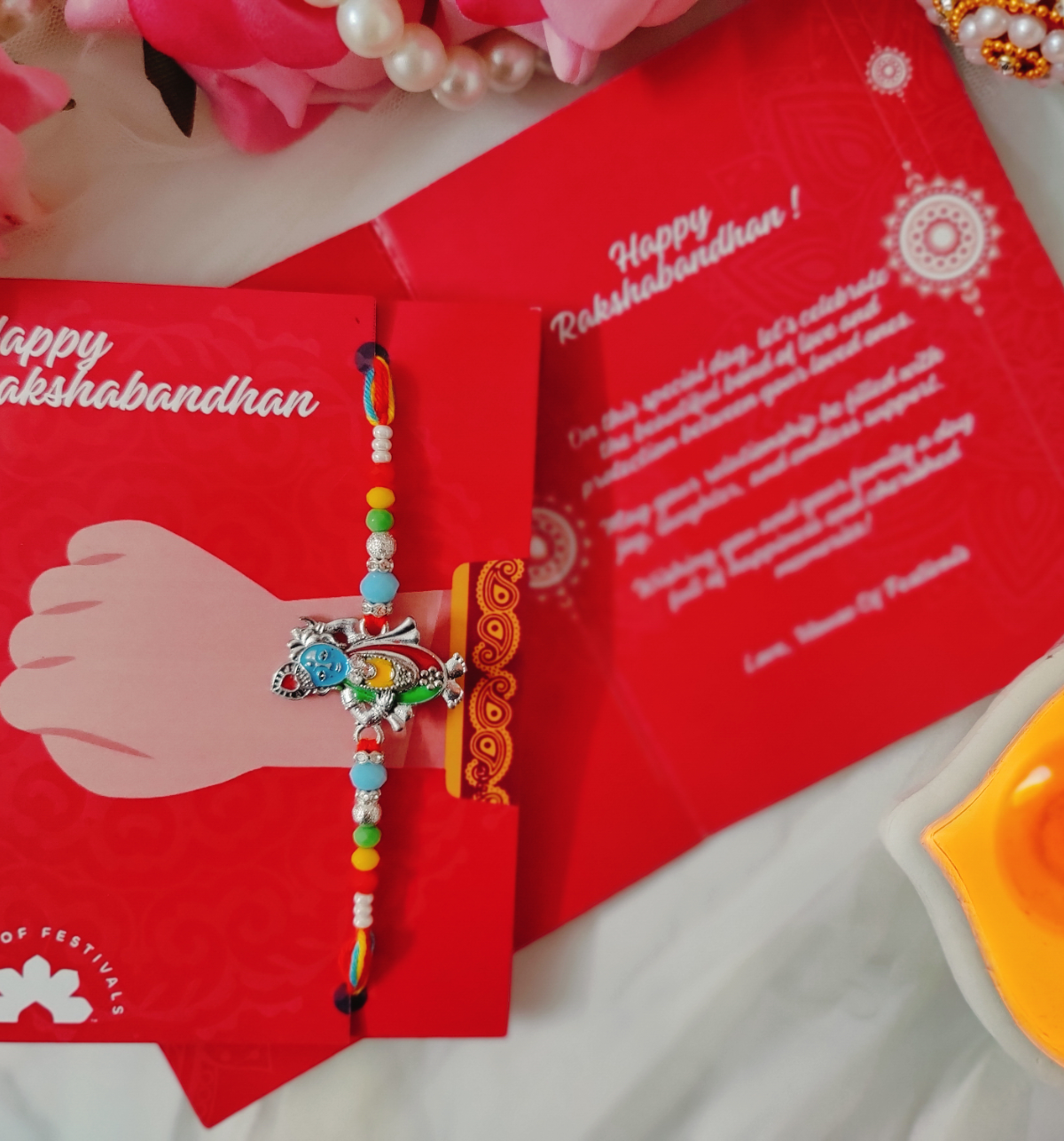 House Of Festivals Krishna Silver Pendant Rakhi With Colorful Moti
