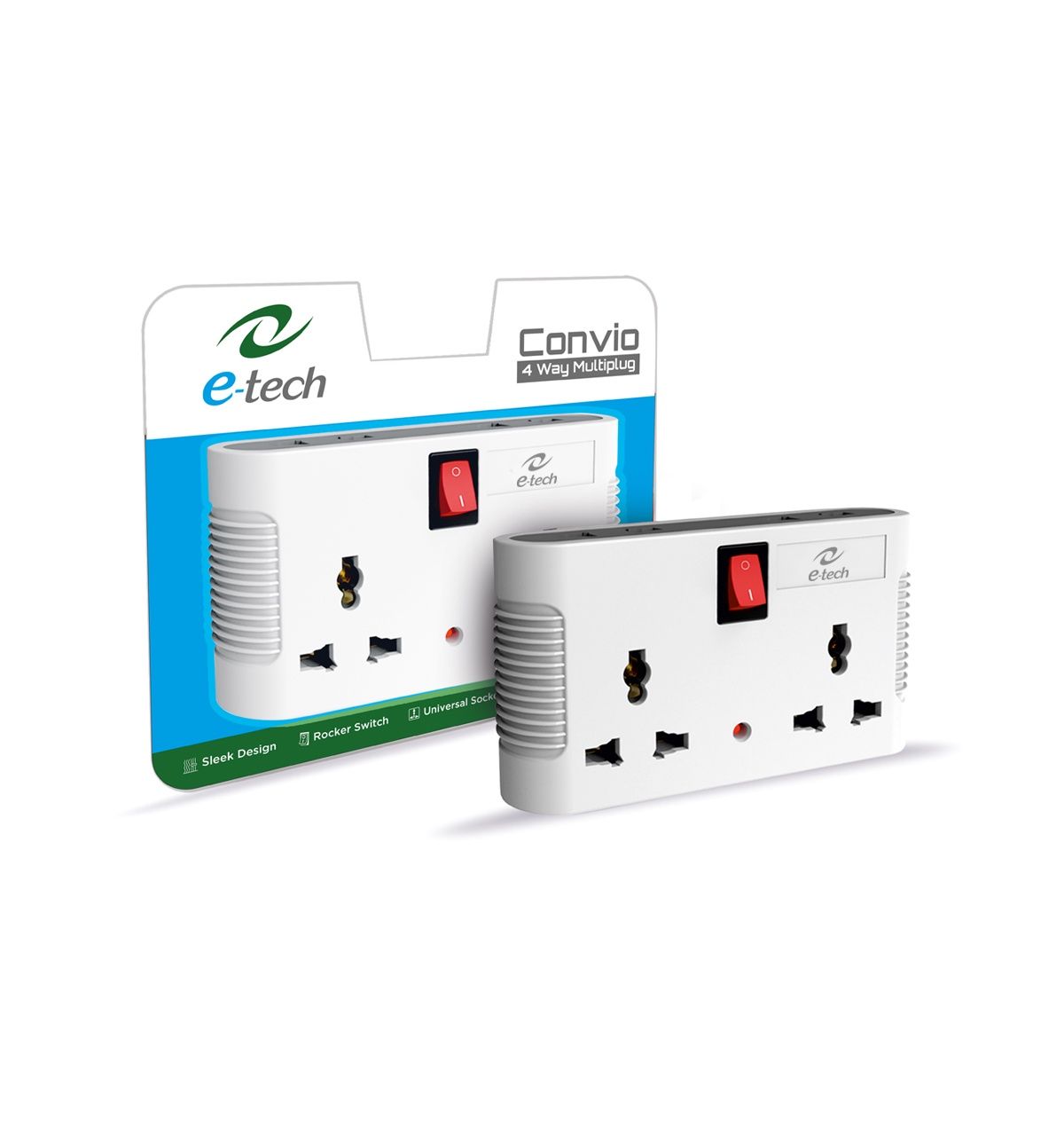 Etech Convio 4 Way Multi Plug With Two 3 Pin International Socket | 2 Pin Socket - Master Switch |