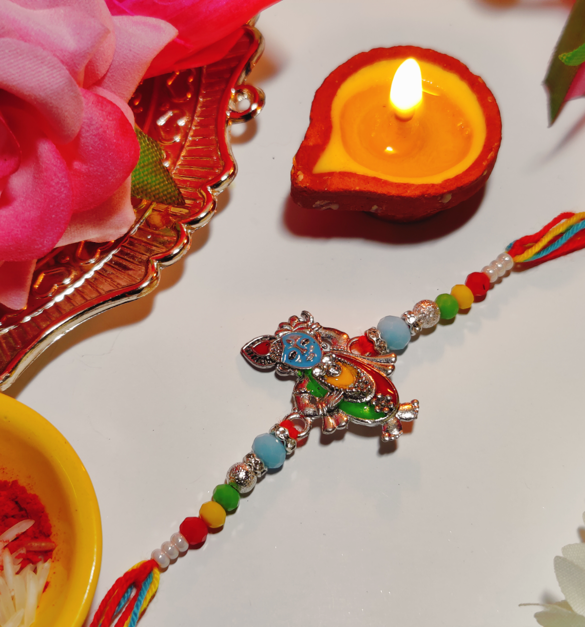 House Of Festivals Krishna Silver Pendant Rakhi With Colorful Moti