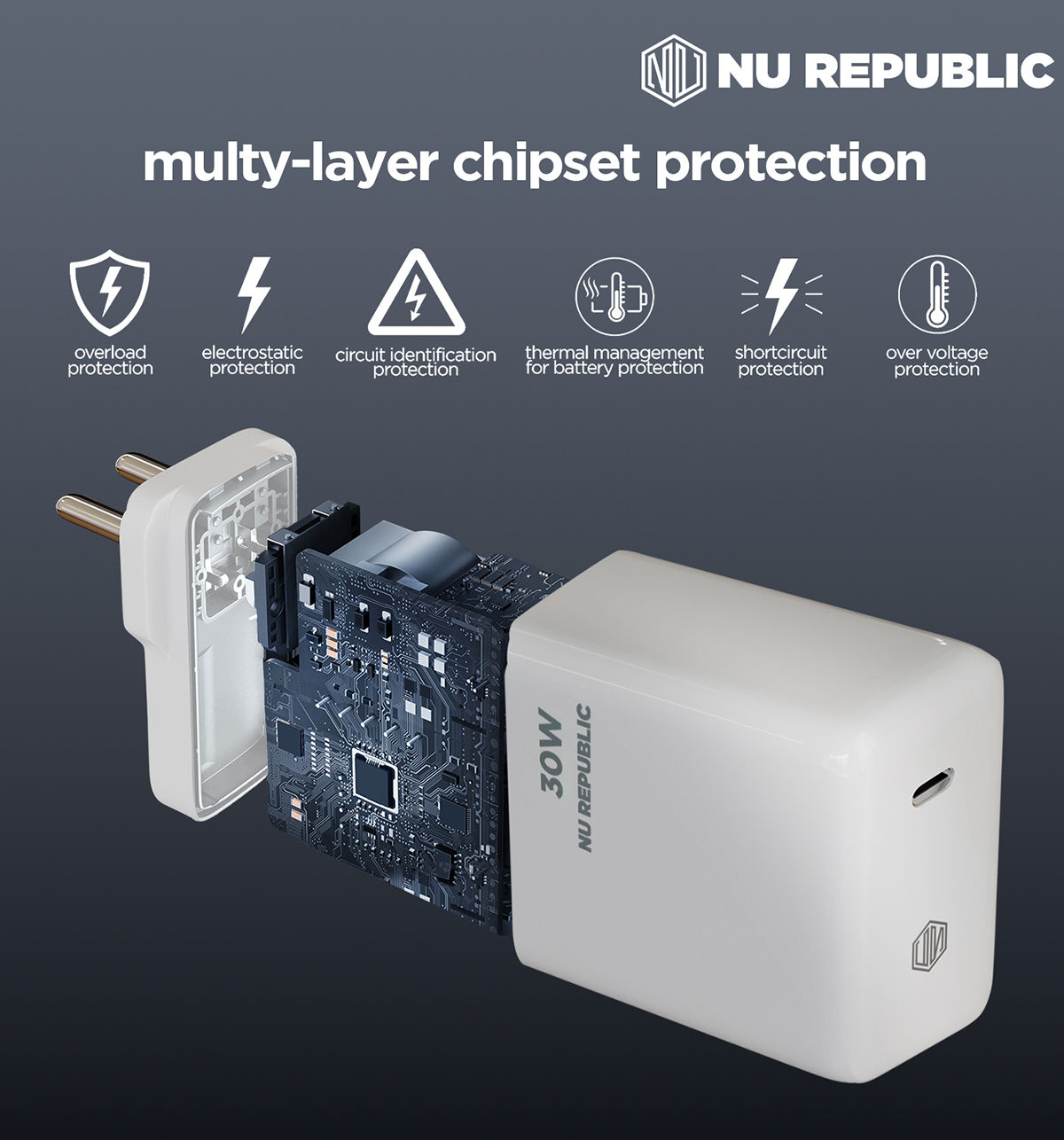Nu Republic All In One 30W 6A Fast Charging Adapter with Cable (Type-C to Type-C)