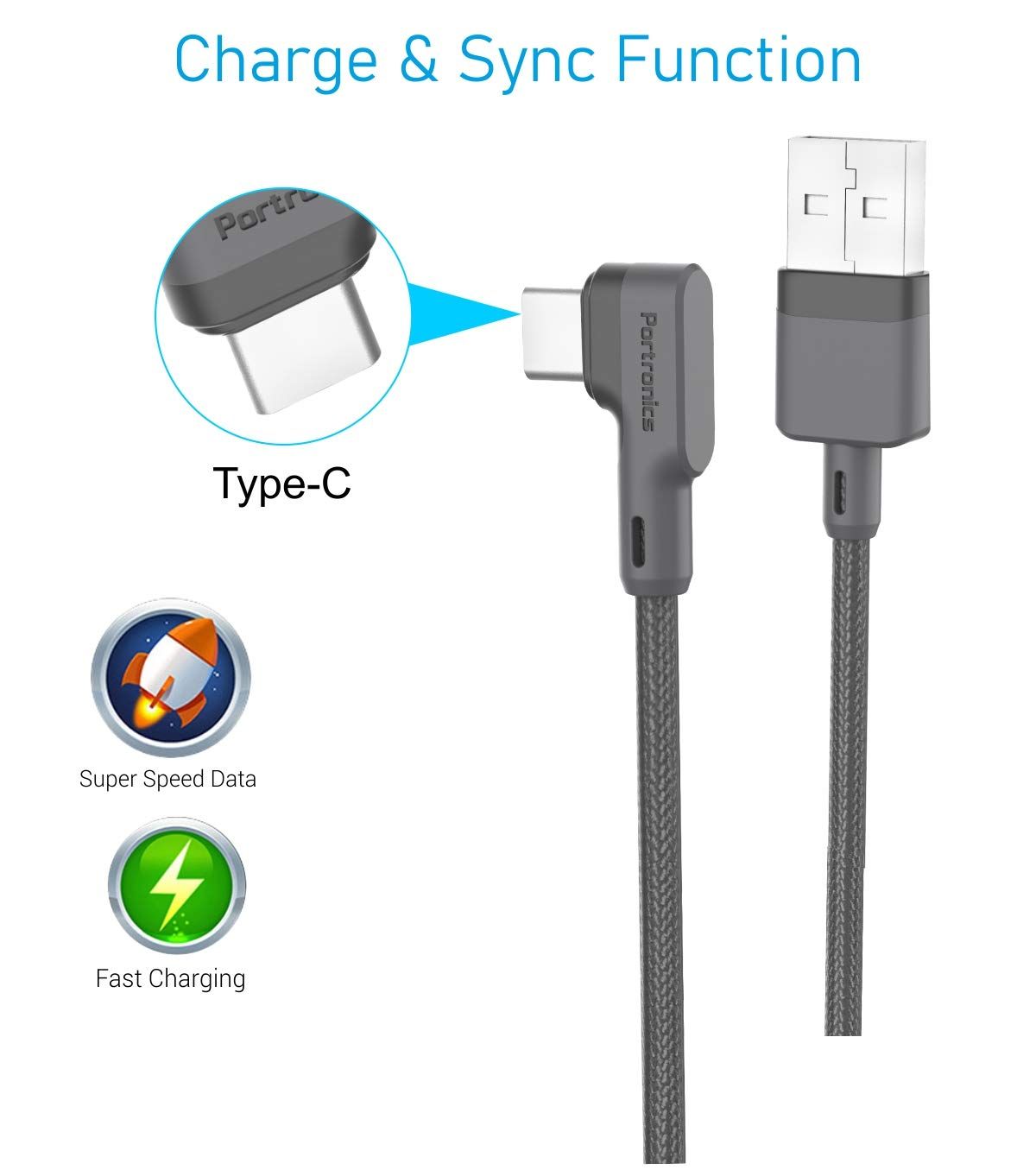 Portronics Konnect L POR 1081 Fast Charging 3A | Type-C Cable | 1.2 m- Grey